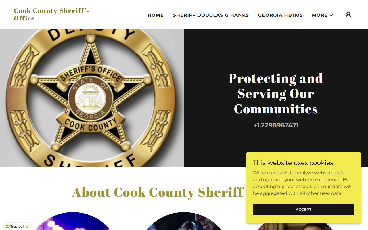 Cook County Sheriff's Office home page showing jail phone extension, address, and hours