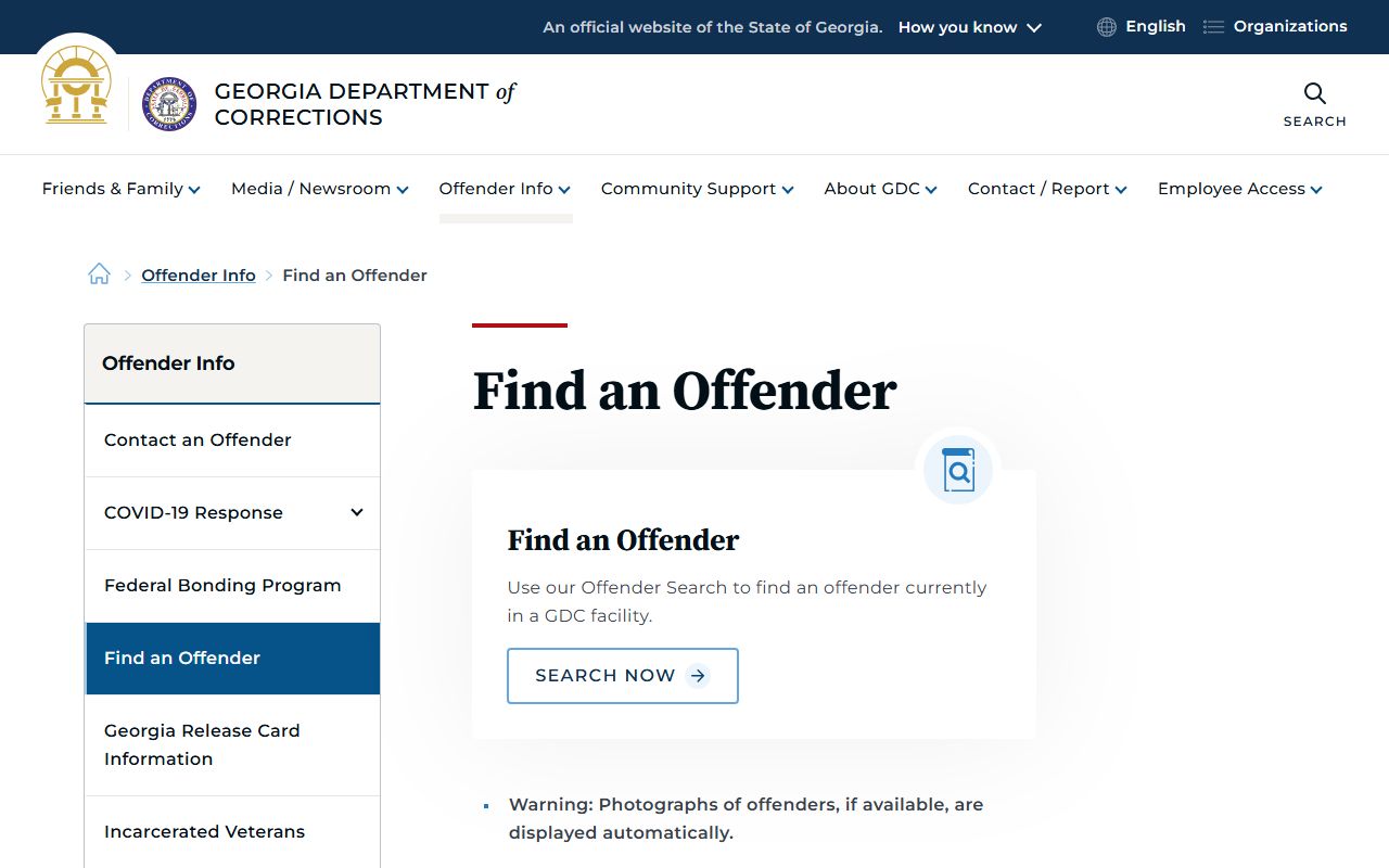 Georgia Department of Corrections Find an Offender page for sentenced state custody searches