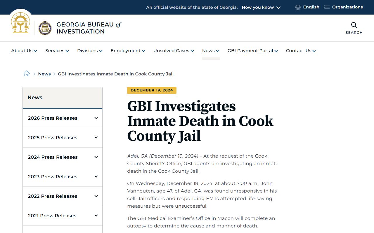 GBI press release page about a December 2024 Cook County Jail death investigation